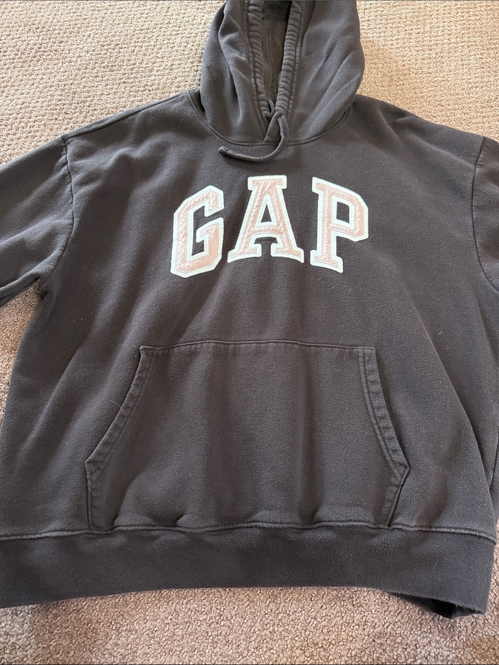 GAP Men's Charcoal Gray Hoodie with White & Light Pink Appliqué Logo